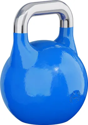 A blue kettlebell with a silver handle against a white background.
