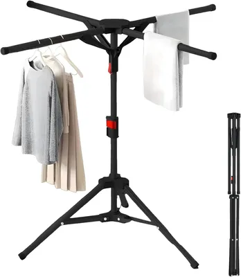 Produktbild von Wäscheständer Hoch Klappbar mit 4 Flügeln, Standtrockner für Kleidung, Platzsparender Wäschetrockner für Balkon, Innen & Außen, Schwarz