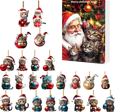 Produktbild von Weihnachts-Katzen-Adventskalender, Acryl, 2D-Cartoon-Katze, hängende Dekoration, 24 Tage 2025, Weihnachts-Countdown-Kalender, Geschenk für Katzenliebhaber, Feiertagsdekoration
