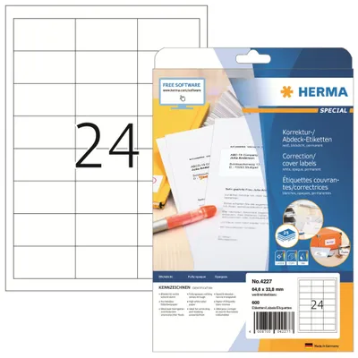 Produktbild von Korrektur-/Abdecketiketten A4 weiß 64,6x33,8 mm Papier matt blickdicht 600 St.