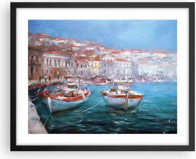 Produktbild von Gerahmtes Poster - Schwarzer Rahmen - Öl Boote Griechenland - 50x40 cm - Wand Bild - Wanddeko - Wandbilder - Kunstposter - Wandposter - Bilderrahmen - Bilder - Kunstdruck - P2BAA50x40-4467