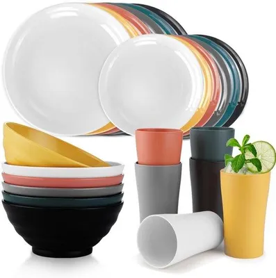Immagine prodotto di Ibenzoa® Set di stoviglie da campeggio in plastica infrangibile per 6 persone, composto da 24 pezzi, realizzato in PP senza BPA: 6 ciotole da 600 ml, 6 piatti da 20/24 cm e 6 bicchieri da 320 ml