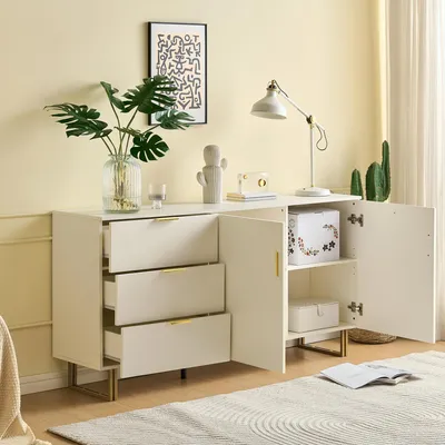 Produktbild von STILVORA Sideboard mit 3 Schubladen,Aufbewahrungsschrank Beistellschrank mit Zinklegierung-Griffen&Eisenbeinen,Wohnzimmerschrank Kommode aus MDF,weiß