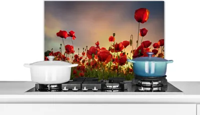 Produktbild von KitchenYeah®  Spritzschutz Küche - Küchenrückwand - Wandschutz für Herd und Spüle - Bunter Himmel über einem Mohnblumenfeld in Dänemark 60x40 - Alu-Dibond (Alternative zum Spritzschutz aus Glas) - Hit