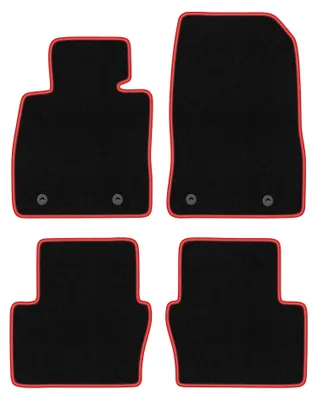 Zdjęcie produktu dla Dywaniki samochodowe welurowe CARLUX-RED do: Mazda 2 IV (2014-, hatchback) czarne z czerwonym obszyciem, z mocowaniami
