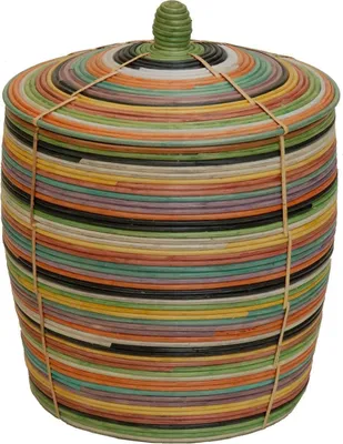 Produktbild von KRINES HOME Bunter Flechtkorb, Aufbewahrungskorb aus Rattan / Allzweck-Korb Afrika-Stil mit Deckel / Schlangenkorb Bunt (Klein)