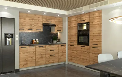 Zdjęcie produktu dla ULWEHOME Meble kuchenne Zestaw mebli kuchennych Kuchnia COMO 360cm | szafka •blat•słupek piekarnik-mikrofala•słup gospodarczy•lodówka | Dąb Wotan 3,6m