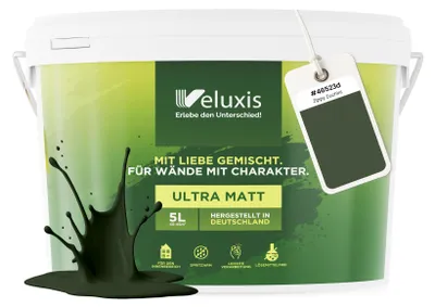 Produktbild von Wandfarbe Grün Dunkelgrün Braun Matt Innenfarbe – Deckkraft Klasse 1, VOC-frei, Ohne Grundierung, Tropfarm – Wohnzimmer & Schlafzimmer – 5L – Veluxis (Zippy Zucchini)