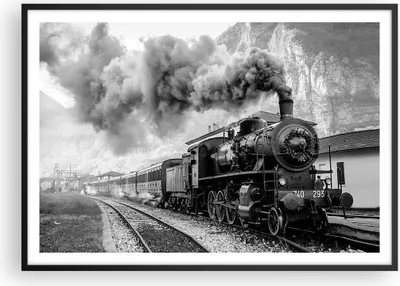 Produktbild von Gerahmtes Poster - Schwarzer Rahmen - Zug Schwarzweiß Rauch - 100x70 cm - Wand Bild - Wanddeko - Wandbilder - Wandposter - Bilderrahmen - Bilder - Kunstdruck - Wandbild - P2BAA100x70-4315
