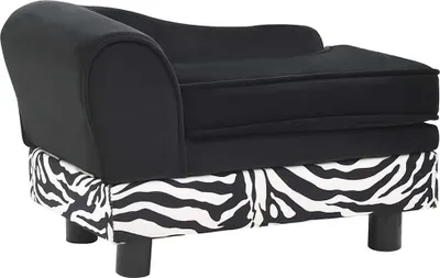 A black dog sofa with a zebra print base and black legs, shown from a side angle.