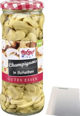 Produktbild von Hofgut Champignons in Scheiben (580ml Glas) + usy Block