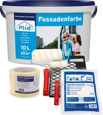Produktbild von Plid Fassadenfarbe 10l für ca. 60m² + Anstreichset / Fassadenwetterschutz Farbe