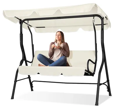 Image de Balançoire de jardin Peviasot 3 places, couleur beige, avec auvent réglable, balançoire de jardin à structure en acier pour le jardin, la terrasse ou le balcon
