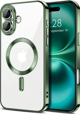 Image de Coque magnétique transparente pour iPhone 16, compatible MagSafe, coque de protection galvanisée avec protection de l'appareil photo vert foncé