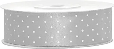 Produktbild von Satinband silber mit weißen Punkten, 25mm breit x 25m lang, auf Rolle