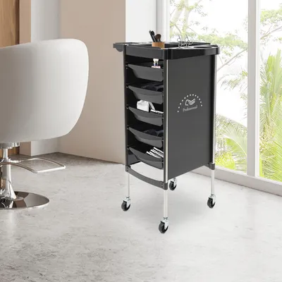Immagine prodotto di Carrello per parrucchiere, nero - 6 ripiani - 5 cassetti - Acciaio inossidabile e plastica