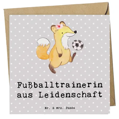 Produktbild von Mr. & Mrs. Panda Deluxe Karte Fußballtrainerin Leidenschaft - Grau Pastell - Geschenk, anlasskarte, doppelkarte, Glücksbringer, Grußkarte, Spruch, Fußballspiel, Witzig