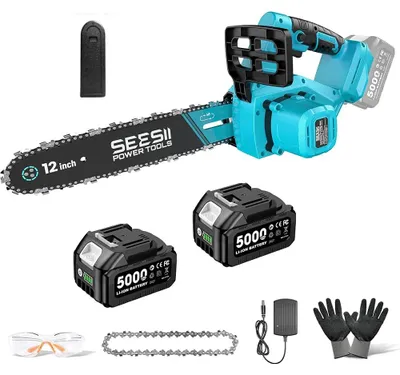 Obrázek produktu pro Akumulátorová řetězová pila - 30 cm - 1200 W - Bezuhlíkový motor - Pro 18V akumulátor - 2 x 5,0Ah akumulátory - Vhodná pro práce v zahradě a s dřevem