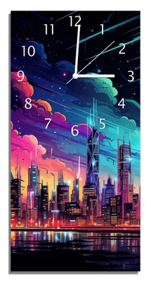 Produktbild von Wallario Design Wanduhr Skyline im Abendlicht aus Echtglas, Größe 30 x 60 cm