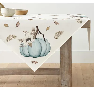 Immagine prodotto di Tovaglia autunnale, motivo a righe, colori blu, zucche, foglie, 85x85 cm, forma quadrata, materiale: poliestere