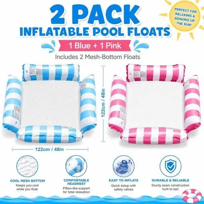 Produktbild von Aufblasbare Pool-Hängematten-Schwimmer – 2 Stück – Hellblau + Rosa – Netz-Sitzfläche – Ideal als Liegestuhl zum Entspannen – Luxento