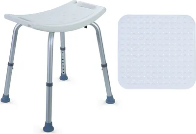 A white shower stool and a white anti-slip mat are shown against a white background.
