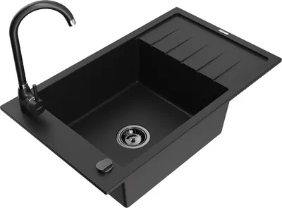 Produktbild von Mexen Elias 1 Becken-Granitspüle mit Abtropffläche und Mischbatterie Telma, Schwarz - 6511-77-670200-70-B
