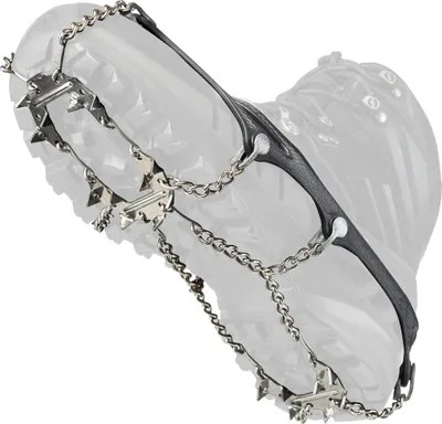 Nortec Nordic 2.4 Schuhkralle mit Metallspikes und Ketten an schwarzem Gummiband über Schuhsohle gespannt