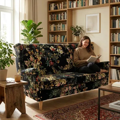 Produktbild von Schlafsofa ARI Spring – Exotisches Muster, Webstoff in Schwarz, Family Meble, KI-generiertes Bild