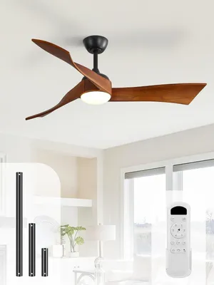 Image de Ventilateur de plafond avec éclairage et télécommande, 3 pales en bois, 132 cm de diamètre, minuterie, 3 températures de couleur, 6 vitesses, mode été, mode hiver, technologie DC, fonctionnement silencieux