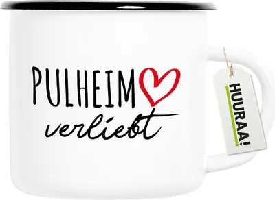 Produktbild von Huuraa Emaille Tasse Pulheim verliebt 300ml Vintage Campingbecher Geschenkidee