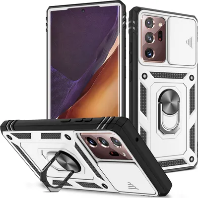 Immagine prodotto di Custodia per Samsung Galaxy Note 20 Ultra 5G protezione fotocamera scorrevole, resistente agli urti, con supporto ad anello, supporto e porta carte Bianco
