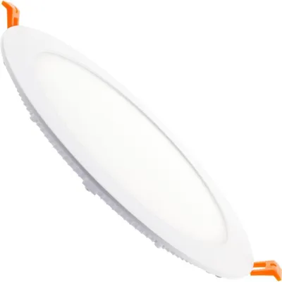 A white, round, slim LED panel light is shown against a white background.