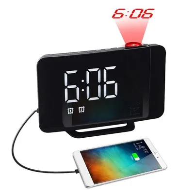 Produktbild von Digitaler Projektionswecker mit Radio, USB-Anschluss, Dual-Alarm, LED-Display, 180° Projektor – ideal für Zuhause & Büro