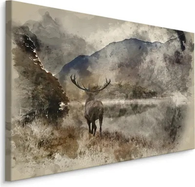 Produktbild von Fabelhafte Canvas LEINWAND BILDER 120x80 cm XXL Kunstdruck Hirsch See Berge Felsen