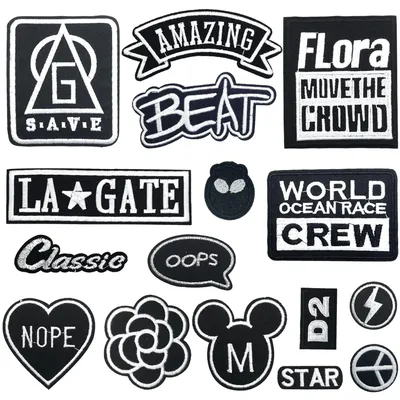 Aufbügel-Patches, 16 Stück, Slogans, schwarz-weiß, für Kleidung & Accessoires