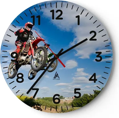 Produktbild von Wanduhr - Rund - Glasuhr - Motorrad Reiter Himmel - 30x30cm - Schleichendes Uhrwerk - Lautlos - zum Aufhängen bereit - Dekoration Modern - Wanddekoration aus Glas - C4AR30x30-0126
