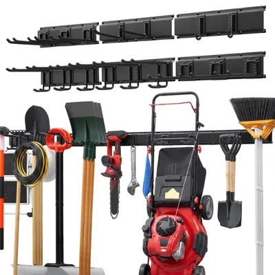 Produktbild von SucceBuy Gerätehalter Wandhalterung Werkzeughalter 2514,6 mm, 544 kg Tragkraft, Wandmontage, Kohlenstoffstahl, 6 Schienen & 16 Haken, Inkl. Schrauben & Dübel, Werkzeugorganizer für Garage, Keller und Garten