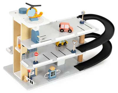 Imagen del producto de Un garaje de madera grande, un aparcamiento con ascensor, coches, un helicóptero, y un lavadero de coches ECOTOYS