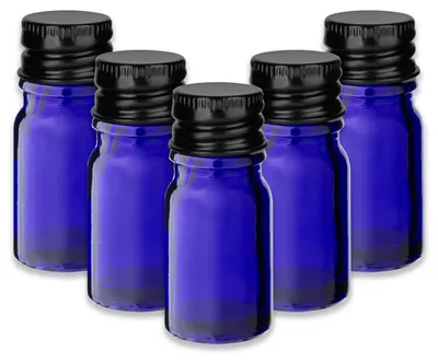 Produktbild von 5x Blaue Glasflasche 5 ml mit schwarzem Aluminium Schraubverschluss