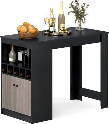 A black bar table with built-in wine storage and cabinets, set against a white background.