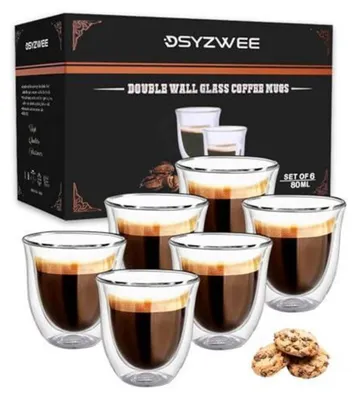 Image de Tasses à expresso en verre, 80 ml, lot de 6, à double paroi, en verre borosilicaté, isolantes, résistantes à la chaleur, compatibles lave-vaisselle