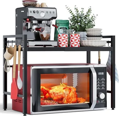Produktbild von PolkaHome® Magnetronrek mit 2 Ebenen, Platzsparender Ofenregal für Küche, Fritteuse, Organizer mit 8 Haken, Schwarz
