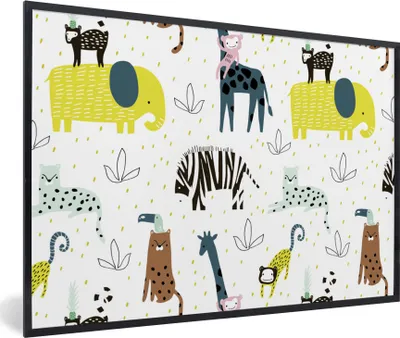 Produktbild von MuchoWow® MuchoWow® Gerahmtes Poster Tiere - Dschungel - Pastell - Kinder 30x20 cm - Poster mit zchwarzem Bilderrahmen - Kunstdruck - Bild-Poster