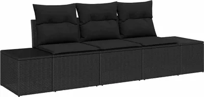 Produktbild von Modulares Garten-Sofa-Set, 3-Sitzer, Poly-Rattan Schwarz, UV-beständig, Wetterfest, mit Stauraum und Kissen, für Terrasse & Balkon