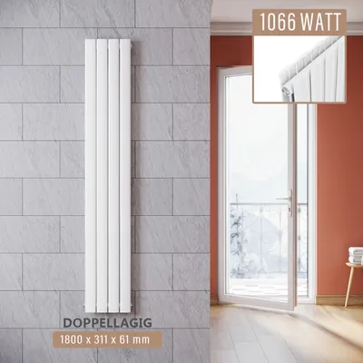 A vertical panel radiator is shown mounted on a tiled wall next to a doorway leading to a balcony with a snowy view. An inset image shows a close-up of the radiator's top section, with text indicating its wattage.