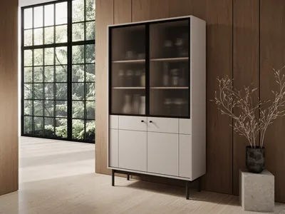 Produktbild von Kaschmir-Vitrine Mit Schwarzen Beinen, Hochschrank, Verglaste Tür