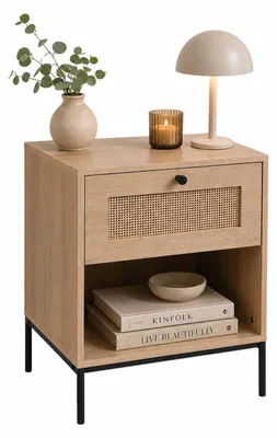 Produktbild von Relaxdays Nachttisch, Schublade mit Rattan-Optik, offenes Fach, HxBxT: 55 x 40 x 40 cm, Nachtkommode, natur/schwarz