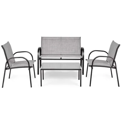 Produktbild von GOPLUS 4er Set Sitzgruppe Textilene, Gartengruppe aus Stahl & Glas, Gartensessel-Set Gartenlounge, 2 Einzelstuhl & 1 Doppelstuhl & 1 Couchtisch, für Garten Balkon Terrasse