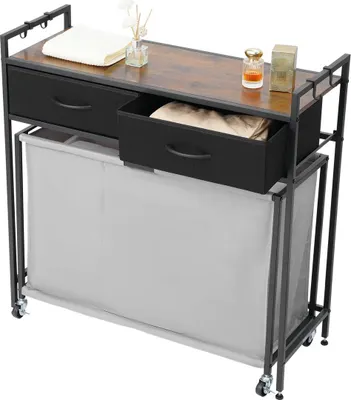 Image de Panier à linge à roulettes avec 3 compartiments, tiroirs, crochets et roulettes